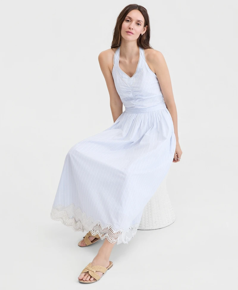 On 34th Women's Cotton Maritime Stripe Halter Lace-Trim Midi Dress, Macy's Exclusive