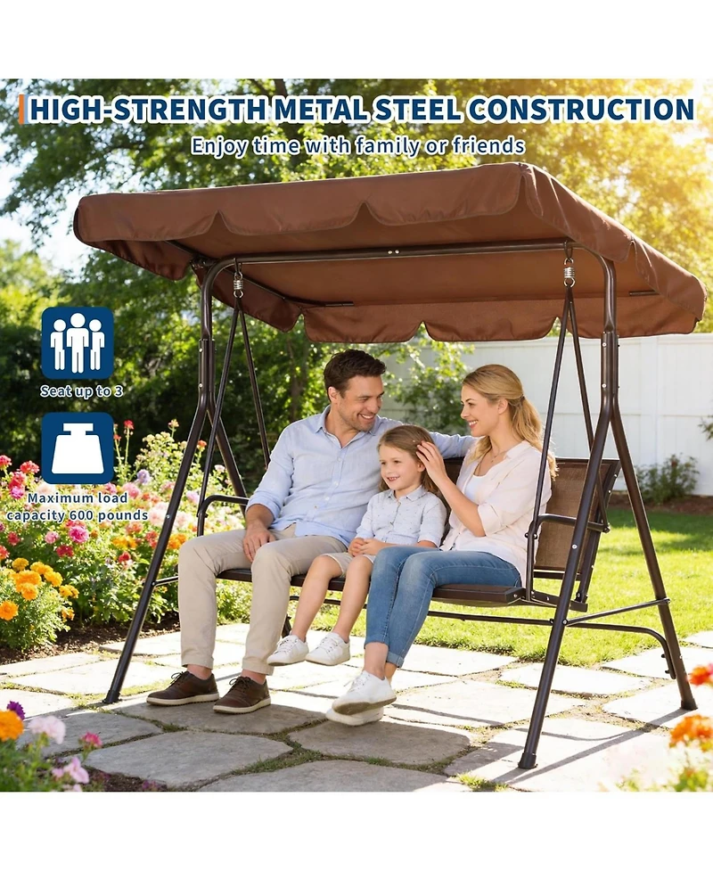 gaomon Porch Swing with Adjustable Canopy for Adults 3-Seat Outdoor Waterproof Textilene & Steel Frame Patio Swing Bench for Backyard Garden