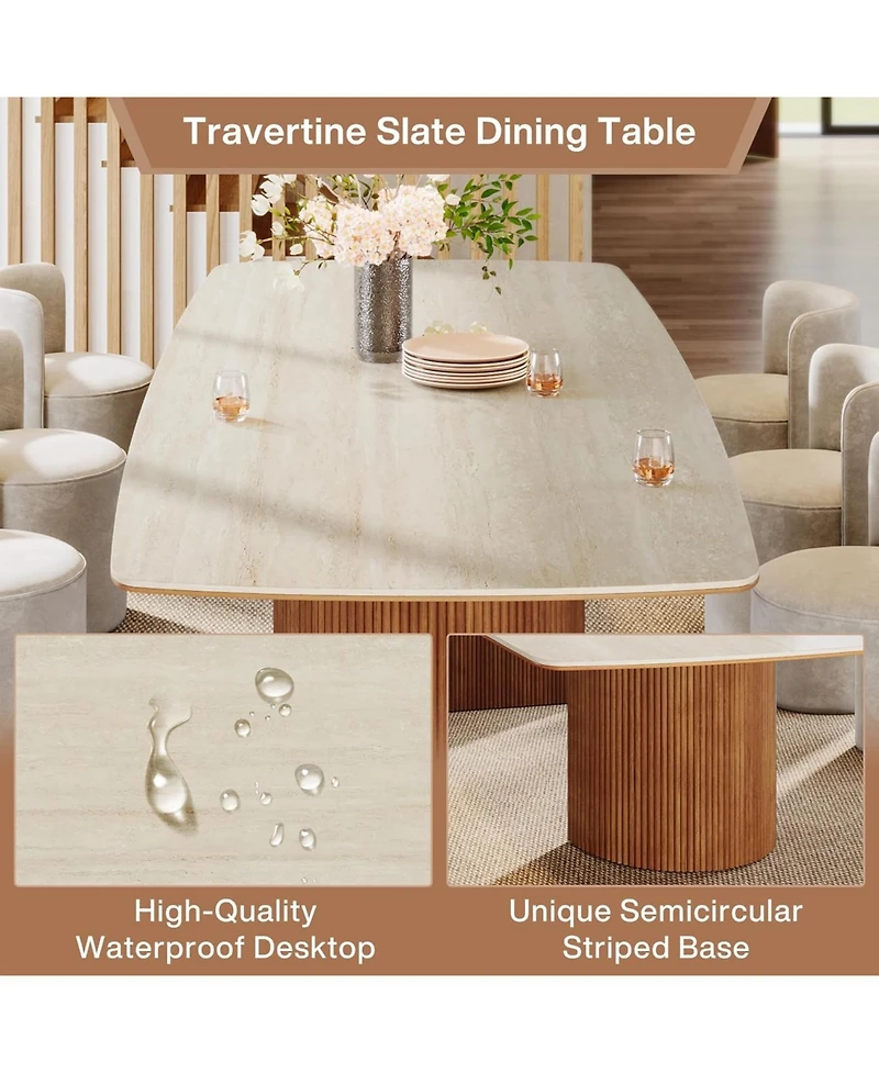 Tribesigns 78.74" Travertine Slab Dining Table for 8-10, Travertine Slab Tabletop & Semi-Circular Stripe Base