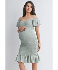 Hello Miz Maternity Off-the-Shoulder Smocked Bodycon Midi Dress with Ruffle Hem