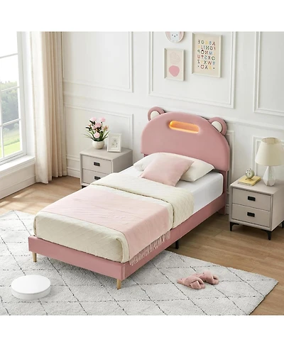 Gaomon Bed Frame with Led Lights, Upholstered Platform Bed with Headboard & Wooden Slats Support, Noise-Free, No Box Spring Needed