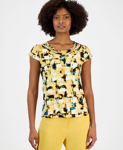 Kasper Women's Printed Short-Sleeve Cowlneck Top