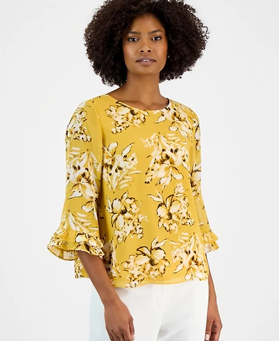 Kasper Petite Crewneck Ruffle-Sleeve Printed Blouse