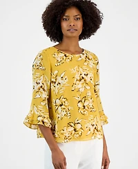 Kasper Petite Crewneck Ruffle-Sleeve Printed Blouse
