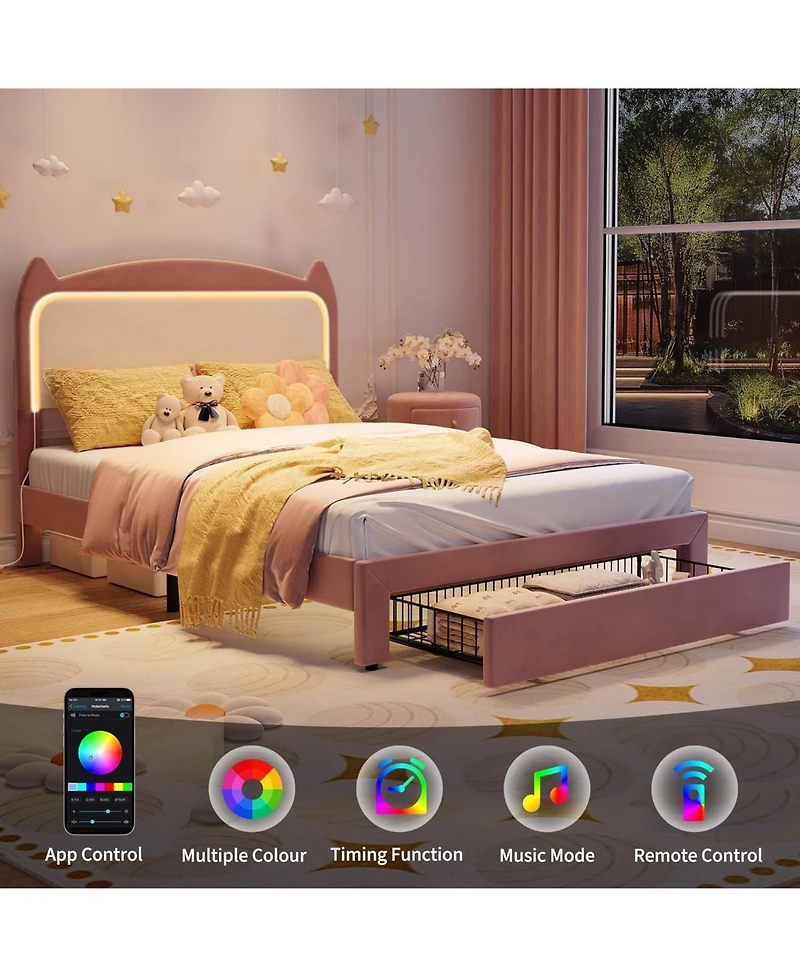 gaomon Full Upholstered Led Bed Frame with Storage Drawer & Cute Cat Headboard, Velvet Princess Platform Bed Frame
