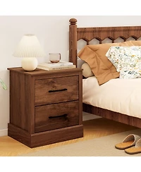 Gymax Set of 2 Drawer Nightstand Bedside Table Compact Sofa End Table Rustic Walnut