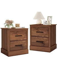 Gymax Set of 2 Drawer Nightstand Bedside Table Compact Sofa End Table Rustic Walnut