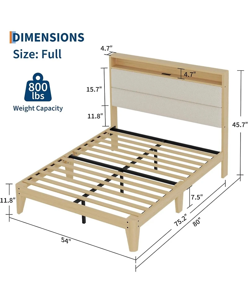 gaomon Bed Frame, Boucle Platform Frame with Led Lights, Upholstered Headboard Built-in Charging Station
