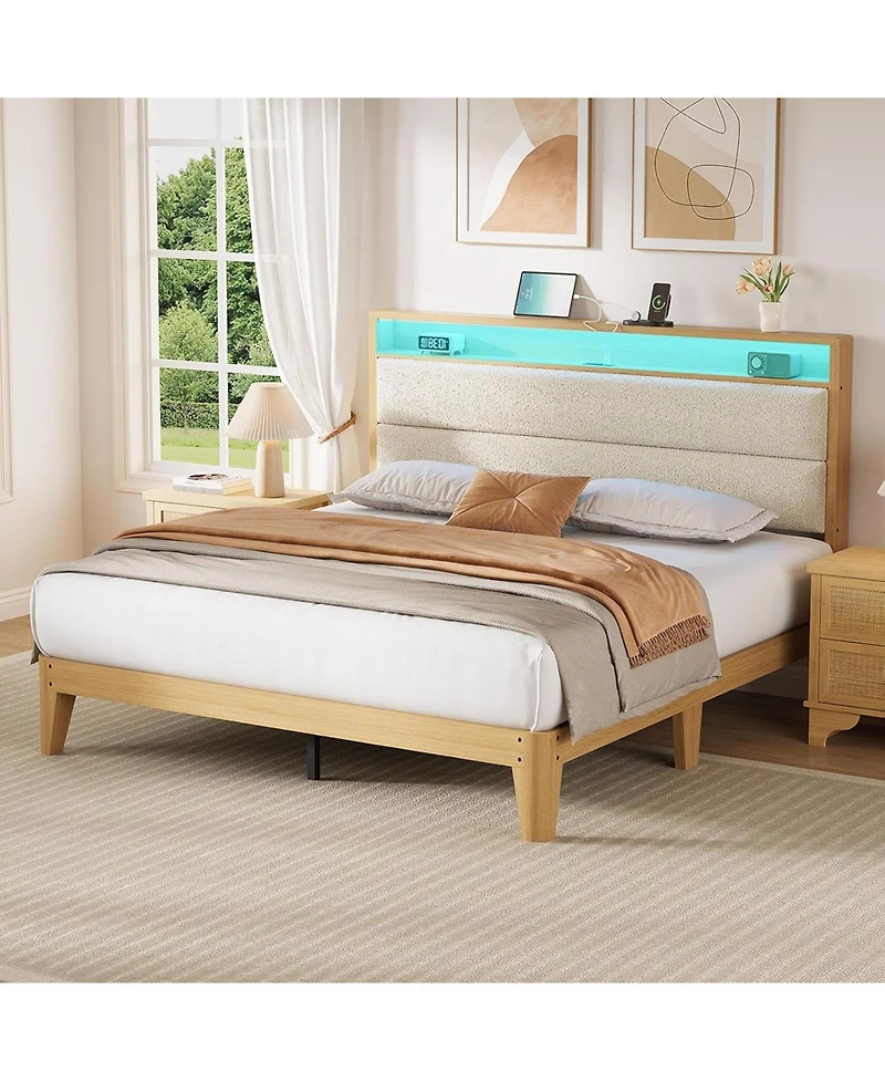 gaomon Bed Frame, Boucle Platform Frame with Led Lights, Upholstered Headboard Built-in Charging Station