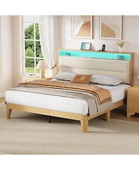 gaomon Bed Frame, Boucle Platform Frame with Led Lights, Upholstered Headboard Built-in Charging Station
