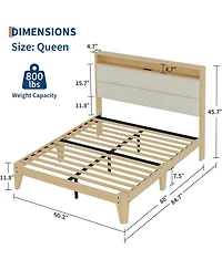 gaomon Bed Frame, Boucle Platform Frame with Led Lights, Upholstered Headboard Built-in Charging Station