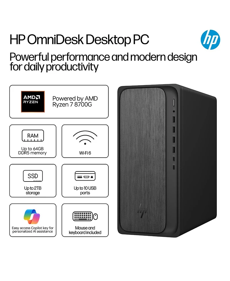Hp OmniDesk Tower Desktop Amd Ryzen 7 32GB Ram Amd Radeon Graphics 1TB Ssd Storage Windows 11 Home