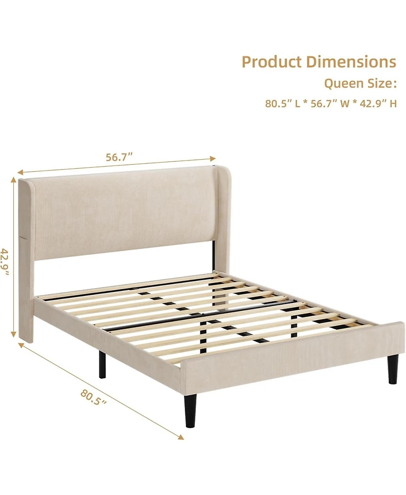 gaomon Bed Frame with Upholstered Headboard,Wooden Platform 2 Storage Pockets,Vertical Channel Tufted Wingback,Strong Wooden Slats