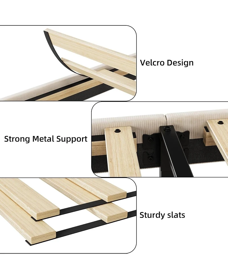 gaomon Bed Frame with Upholstered Headboard,Wooden Platform Bed Frame with 2 Storage Pockets,Vertical Channel Tufted Wingback,Strong Wooden Slats