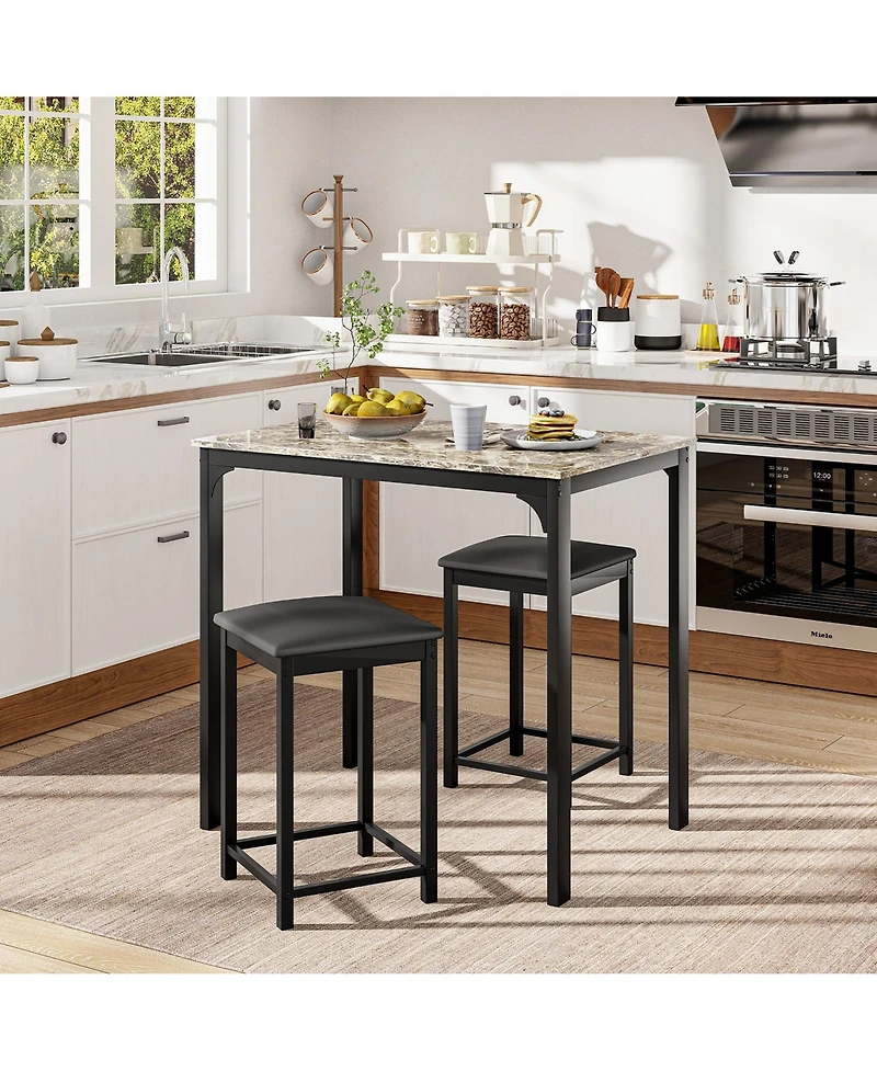 Gymax 3 Pcs Counter Height Dining Set Faux Marble Table & 2 Chairs Kitchen Bar