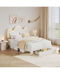 gaomonBed Frame Lamb Velvet Cute Platform Wooden Slats Led Light Noise Free No Box Spring