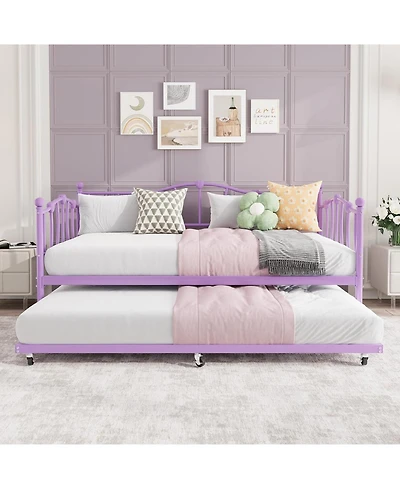 gaomonl Daybed with Trundle Heart Design Noise Free Platform Sofa Bed Steel Slats Space-Saving Bedroom Purple