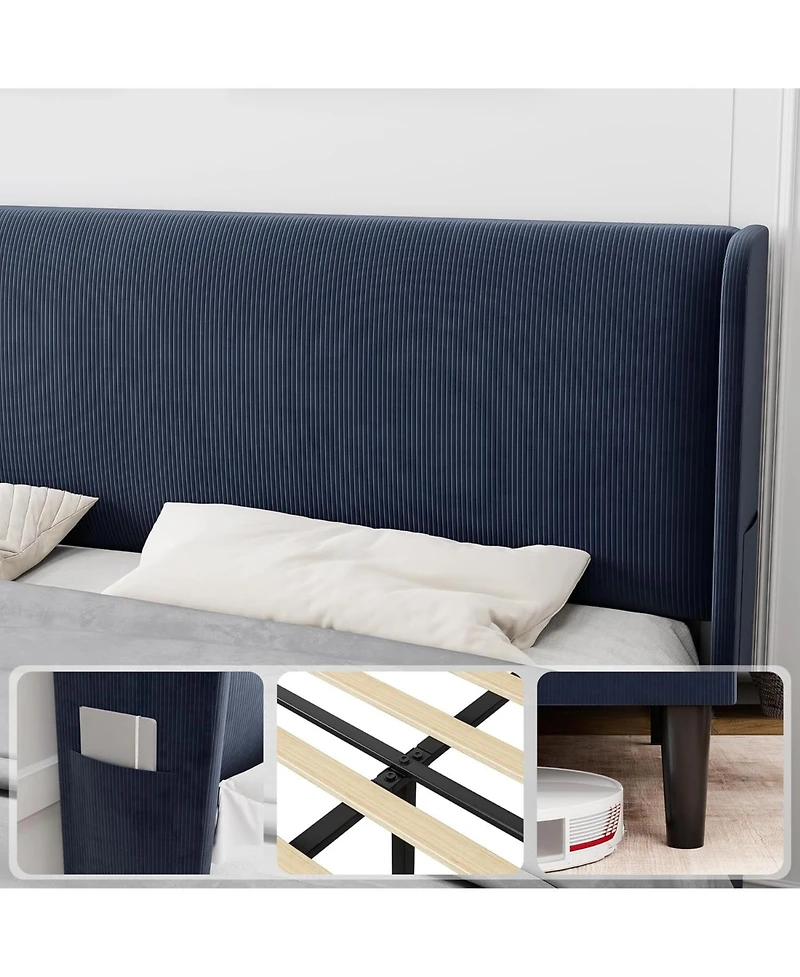 gaomon Queen Upholstered Platform Bed Wingback Headboard Velvet 2 Storage Pockets Wooden Slat Support Box Spring Optional
