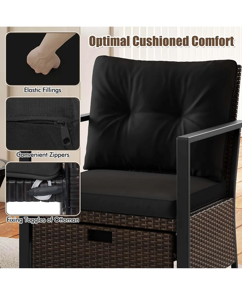 5 Pcs Outdoor Furniture Set Rattan Chairs & Ottomans with Glass Topped Coffee Table