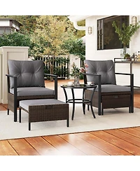 5 Pcs Outdoor Furniture Set Rattan Chairs & Ottomans with Glass Topped Coffee Table
