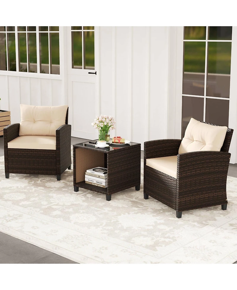 3 Pcs Patio Sofa Set with Cushions & Tempered Glass Tabletop for Backyard