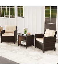 3 Pcs Patio Sofa Set with Cushions & Tempered Glass Tabletop for Backyard