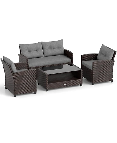 Pcs Patio Rattan Furniture Set Glass Table Shelf Sofa Cushion