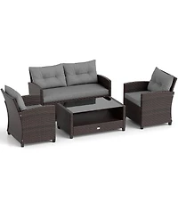 Pcs Patio Rattan Furniture Set Glass Table Shelf Sofa Cushion