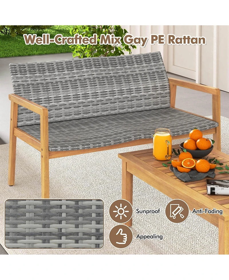 5 Pcs Outdoor Furniture Set Rattan Chairs & Ottomans with Glass Topped Coffee Table