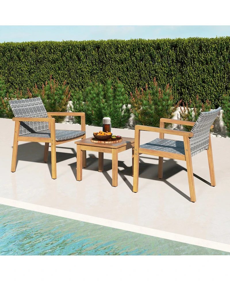 Costway 3 Pcs Outdoor Furniture Set, Acacia Wood Frame Sofa Set with Rattan Seat