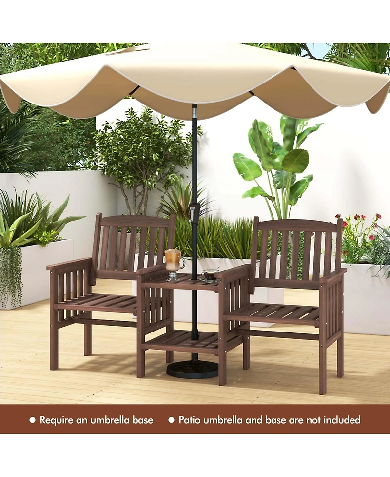 Outdoor Fir Wood Loveseat with 2-Tier Side Table and 1.96" Umbrella Hole