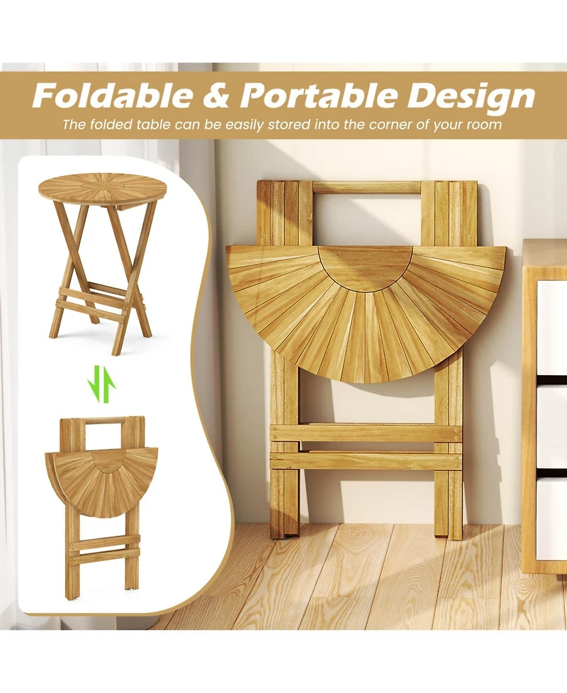 3 Pcs Folding Patio Bistro Set Teak Wood Round Table and Chairs Furniture Set