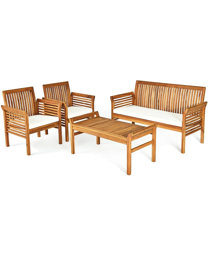 Costway Pcs Outdoor Acacia Wood Sofa Furniture Set Cushioned Chair Coffee Table Garden