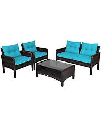 4PCS Patio Rattan Furniture Set Loveseat Sofa Coffee Table