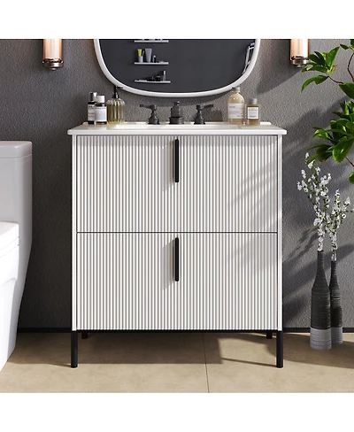 Sillysis 30" Bathroom Vanity with Sink, Modern Fluted Mdf Cabinet, Full-Extension Soft Close Drawers for Small Spaces