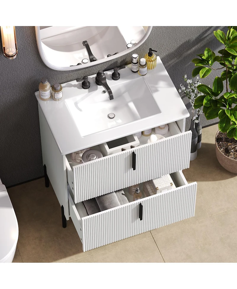 Sillysis 30" Bathroom Vanity with Sink, Modern Fluted Mdf Cabinet, Full-Extension Soft Close Drawers for Small Spaces