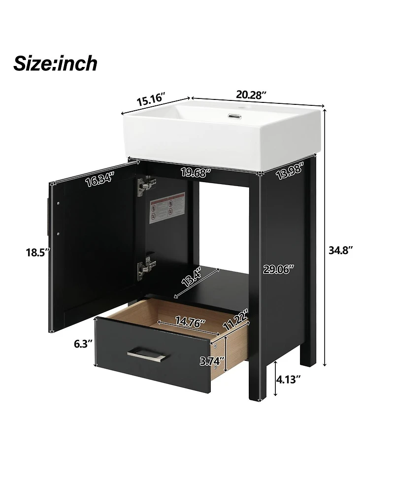 Sillysis 20" Modern Bathroom Vanity with Ceramic Sink, Solid Wood Frame & Drawer for Small Spaces