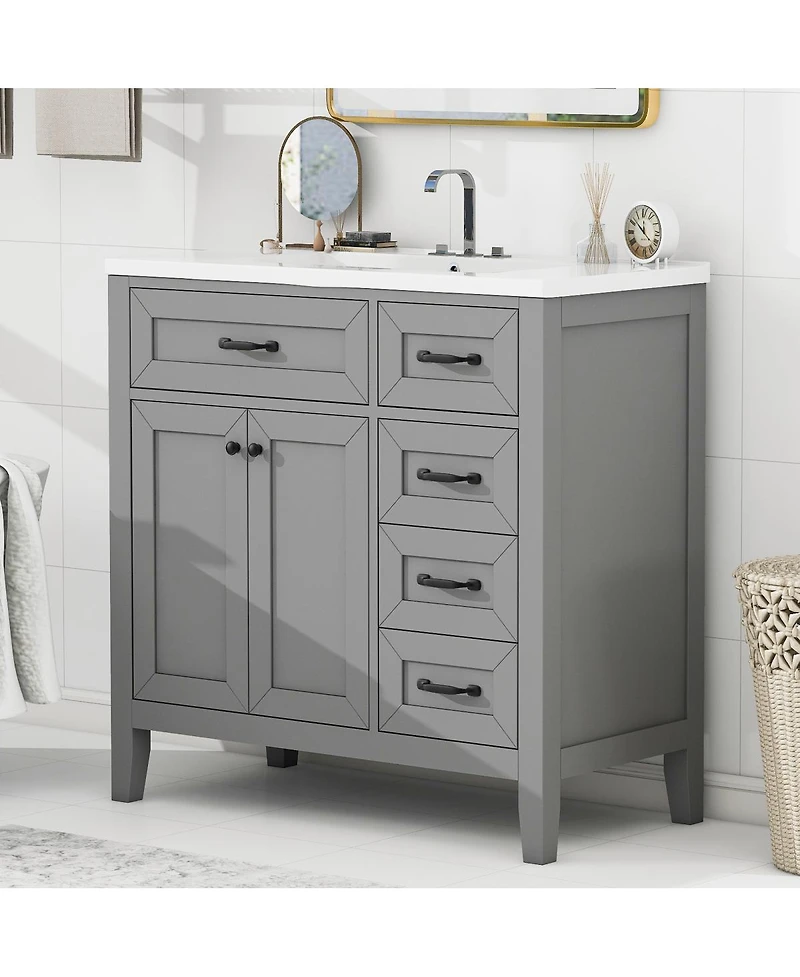 Sillysis 36" Bathroom Vanity with Ceramic Sink, Solid Wood Frame, Storage Cabinet & Drawers for Modern Home