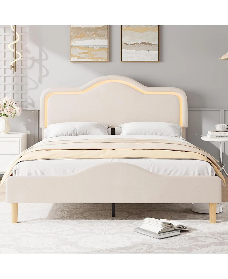gaomon Full Bed Frame Adjustable Led Headboard Velvet Upholstered Platform Wooden Slats No Box Spring