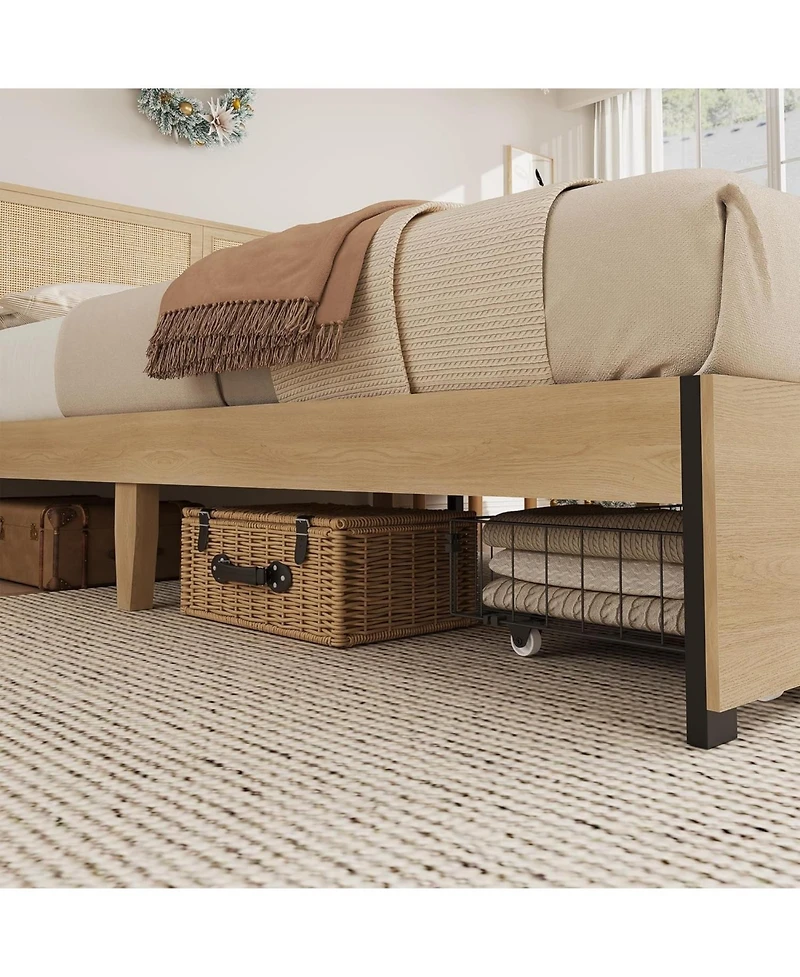 gaomon Queen Platform Bed Rattan Headboard Led Storage Baskets Farmhouse Metal Frame Noise-Free Wooden Slats No Box Spring