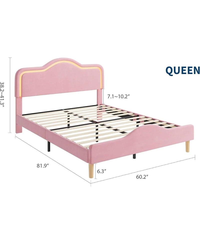 gaomon Upholstered Princess Platform Bed Frame with Rgb Led Lights, Adjustable Velvet Headboard, Wooden Slat Support