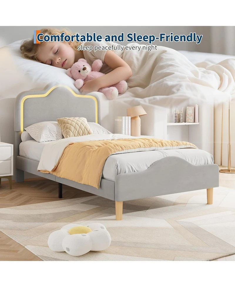 gaomon Upholstered Princess Platform Bed Frame with Rgb Led Lights, Adjustable Velvet Headboard, Wooden Slat Support