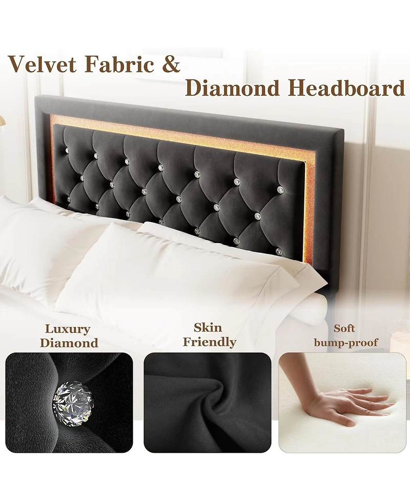 gaomon Floating Bed Frame with Smart Led Lights, Upholstered Platform Bed with Diamond Headboard, Solid Wood Slats Support