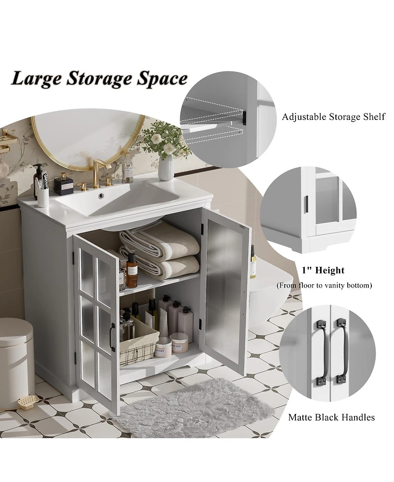 Sillysis 30'' Bathroom Vanity with Ceramic Sink, Tempered Glass Doors, Large Storage & Rubber Wood Frame for Modern Bathrooms