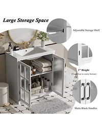 Sillysis 30'' Bathroom Vanity with Ceramic Sink, Tempered Glass Doors, Large Storage & Rubber Wood Frame for Modern Bathrooms