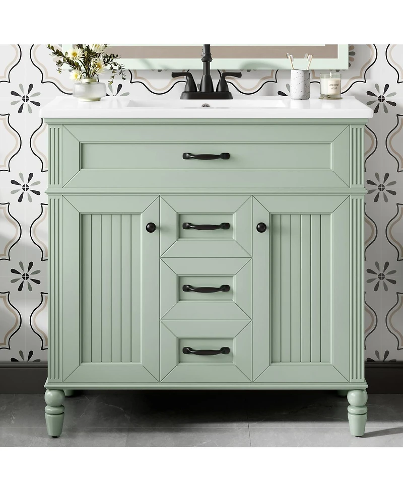 Sillysis 36" Bathroom Vanity with Ceramic Sink, Flip-Out Drawer, Soft Close Doors & Storage Drawers for Modern Bathrooms