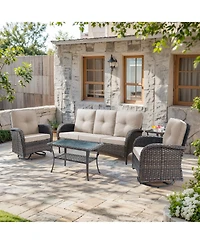 Gymojoy 5-Piece Brown Pe Wicker Patio Conversation Set with Olefin Cushion and Swivel Chairs