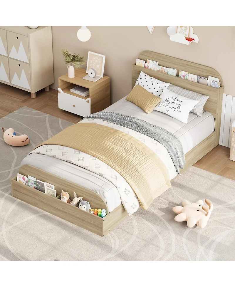 gaomon Bed Frame Wooden Storage Headboard Low Platform Sturdy Slats No Box Spring Space-Saving