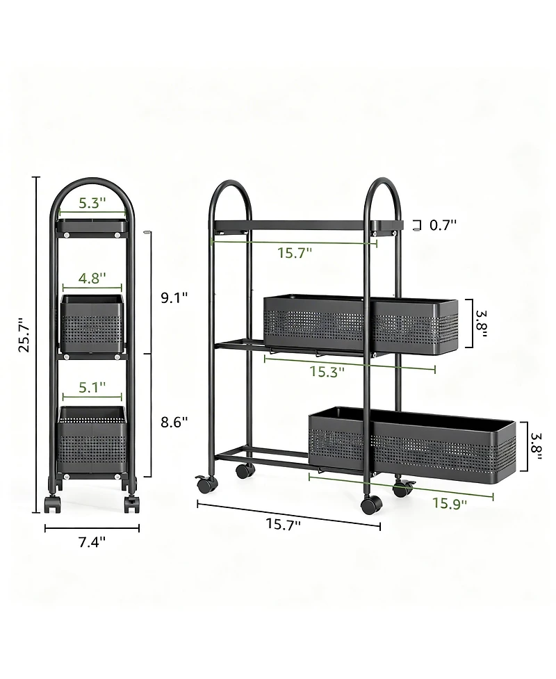 Yigii Slim Storage Cart with Pull-Out Baskets for Narrow Spaces - Kitchen, Bathroom, Laundry