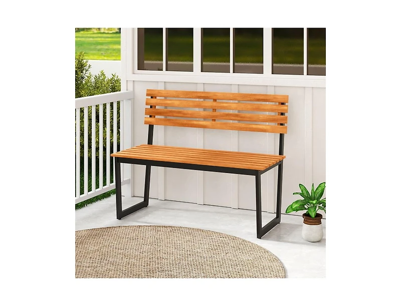 Slickblue Acacia Wood Outdoor Bench Loveseat with Backrest and Metal Frame